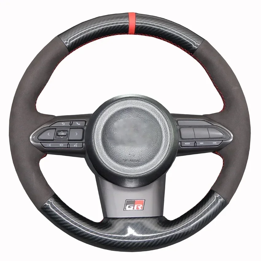

Black Artificial Carbon Fiber Suede Hand-stitched Car Steering Wheel Cover for Toyota Yaris GR 2020 2021 2022 2023