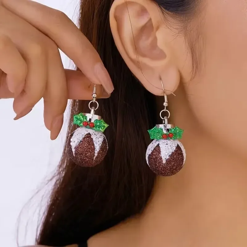 Cute Brown Big Round Ball Dangle Earrings with Christmas Tree&Flower Circle Bell Fashion Jewelry Women for Festival Patry