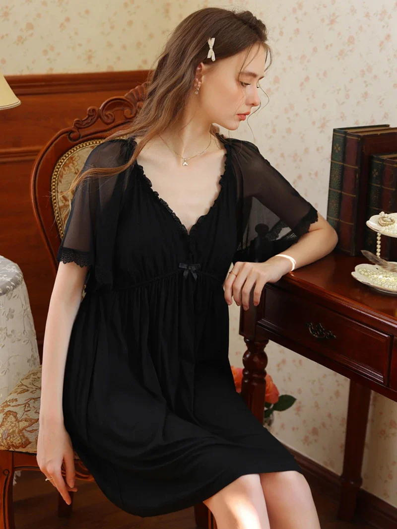 

Черная сексуальная сказочная сетчатая ночная рубашка принцессы с оборками, новая летняя французская милая винтажная ночная рубашка принцессы с короткими рукавами, одежда для сна