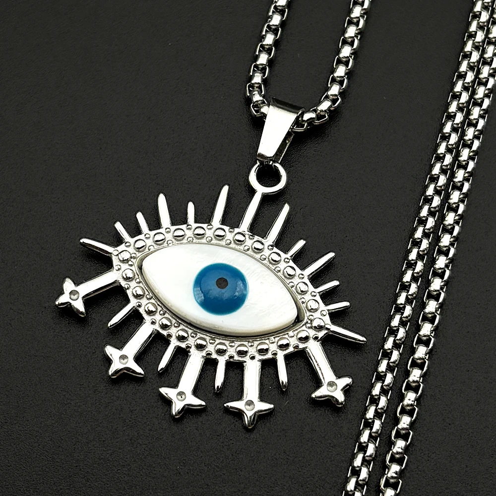 Vintage-Halskette mit bösem Blick-Anhänger für Damen und Herren, Edelstahl, goldfarben, Glücksamulett, Teufelsblau-Augen-Kette, Schmuckgeschenk – Detail 5