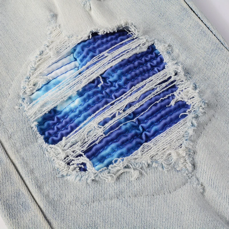 Designer Fashion New Men's Jeans Washed Nostalgic Stretch Slim Fit Piercing Patch Light Blue Jeans Hip Hop Brand Pants hombre