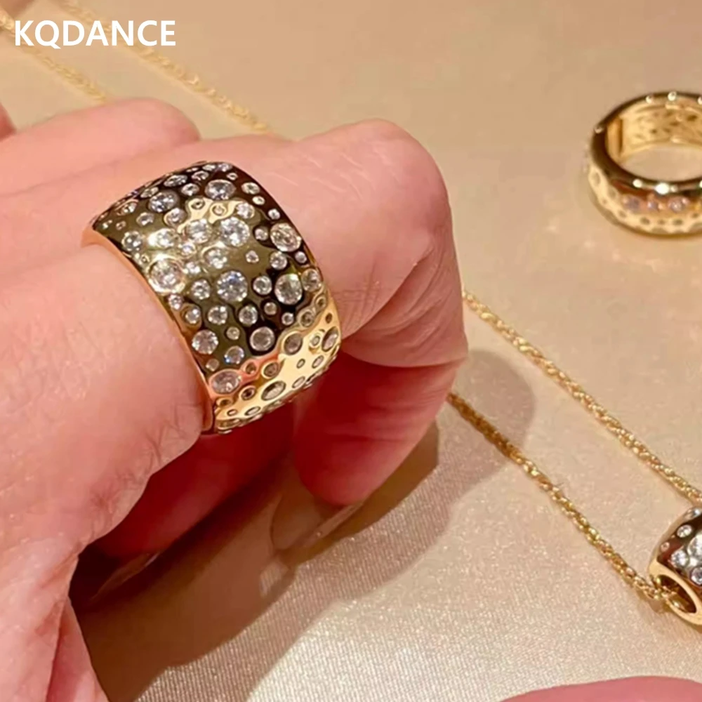 KQDANCE 925 Silver Synthetic Zircon Ring Sparkling Star Ring Gold Retro Wide Edition Ring Jewelry Wedding Engagement Gift Women