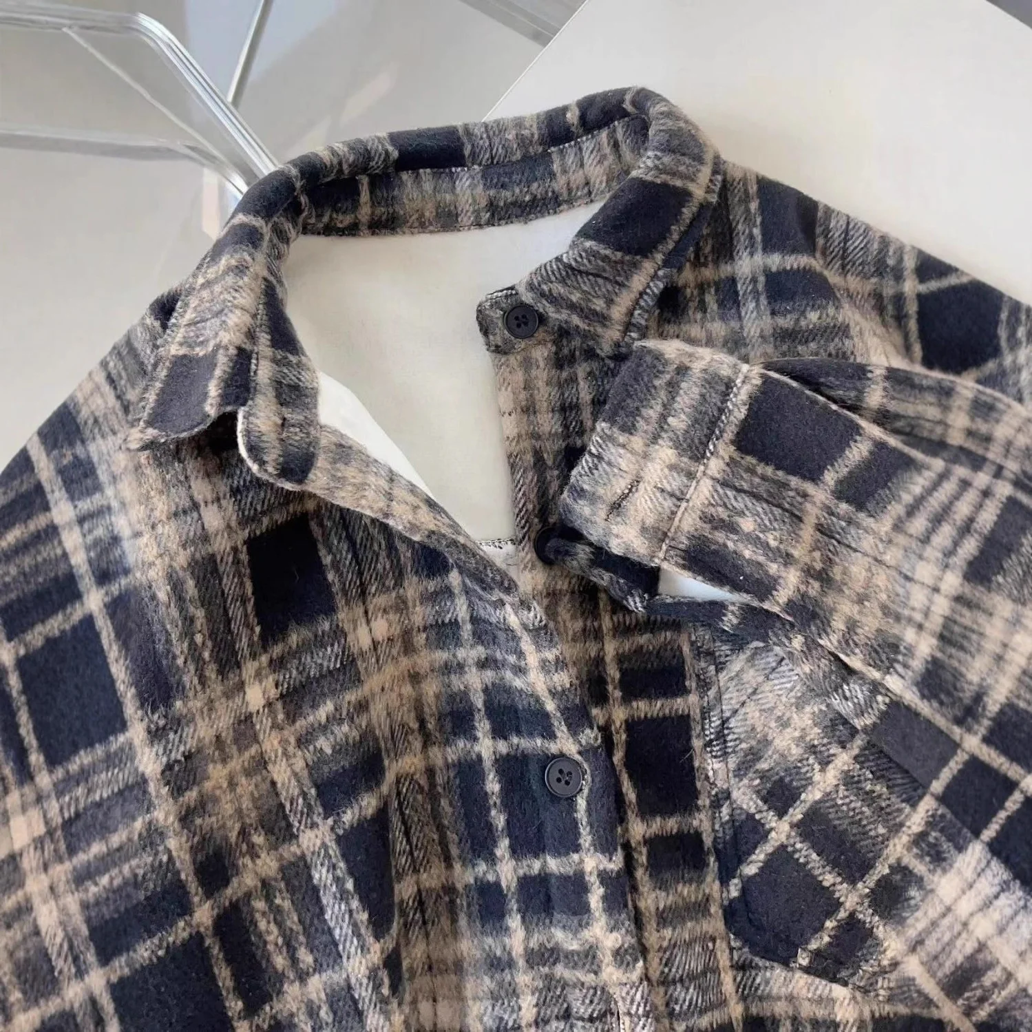 

Thick Woolen Plaid Shirt Jacket Women New Autumn Winter Retro Lazy Loose Medium To Long Casual Top Lapel Long Sleeve Blouse