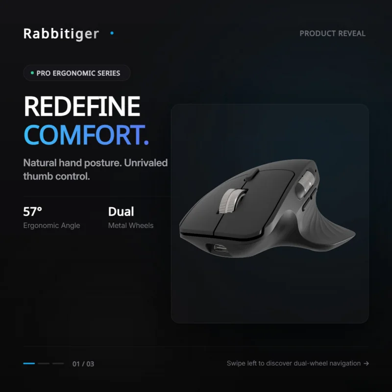 Rabbitiger Ergonomic Computer Mouse 3‑Mode Bluetooth 5.0 2.4GHz Wireless Wired Connection Side Scroll Wheel Adjustable DPI Recha