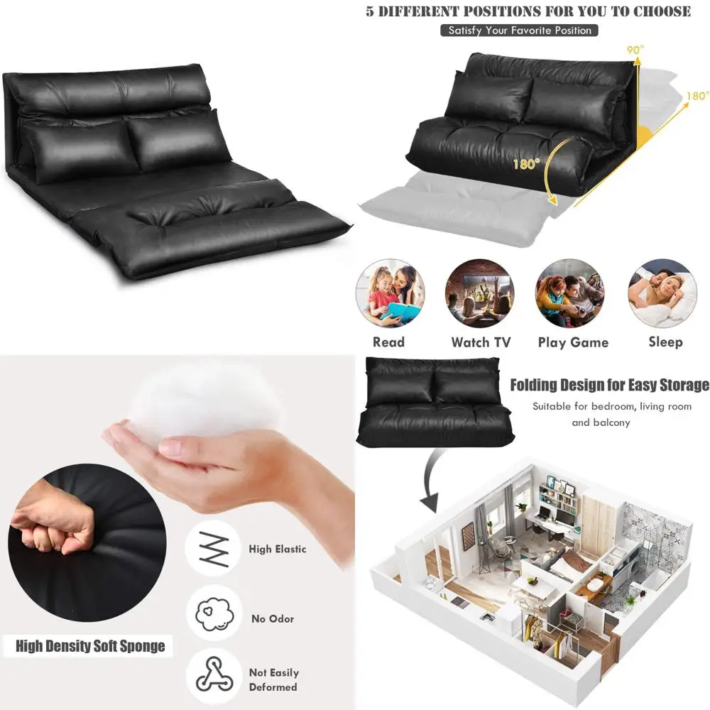 أريكة سرير قابلة للتحويل مع وسائد، كرسي بمقعدين من جلد البولي يوريثان، أريكة نوم كسولة قابلة للطي، 5 أوضاع قابلة للتعديل