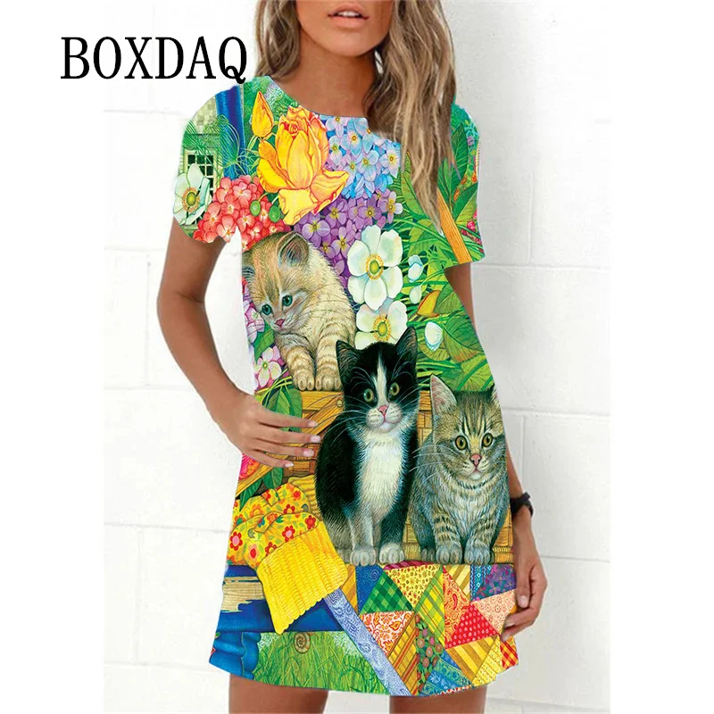 Painting Rainbow Cats Print Dress Women Party Elegant Harajuku Casual 3D Cartoon Dress Vestidos Girls Holiday Beach Dress Summer