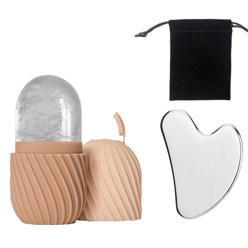 ลูกกลิ้งหน้าน้ําแข็งซิลิโคนและชุดเครื่องมือขูดสแตนเลส (พร้อมถุงเก็บ) เครื่องมือดูแลผิวหน้าแบบใช้ซ้ําได้ 2 ชิ้น