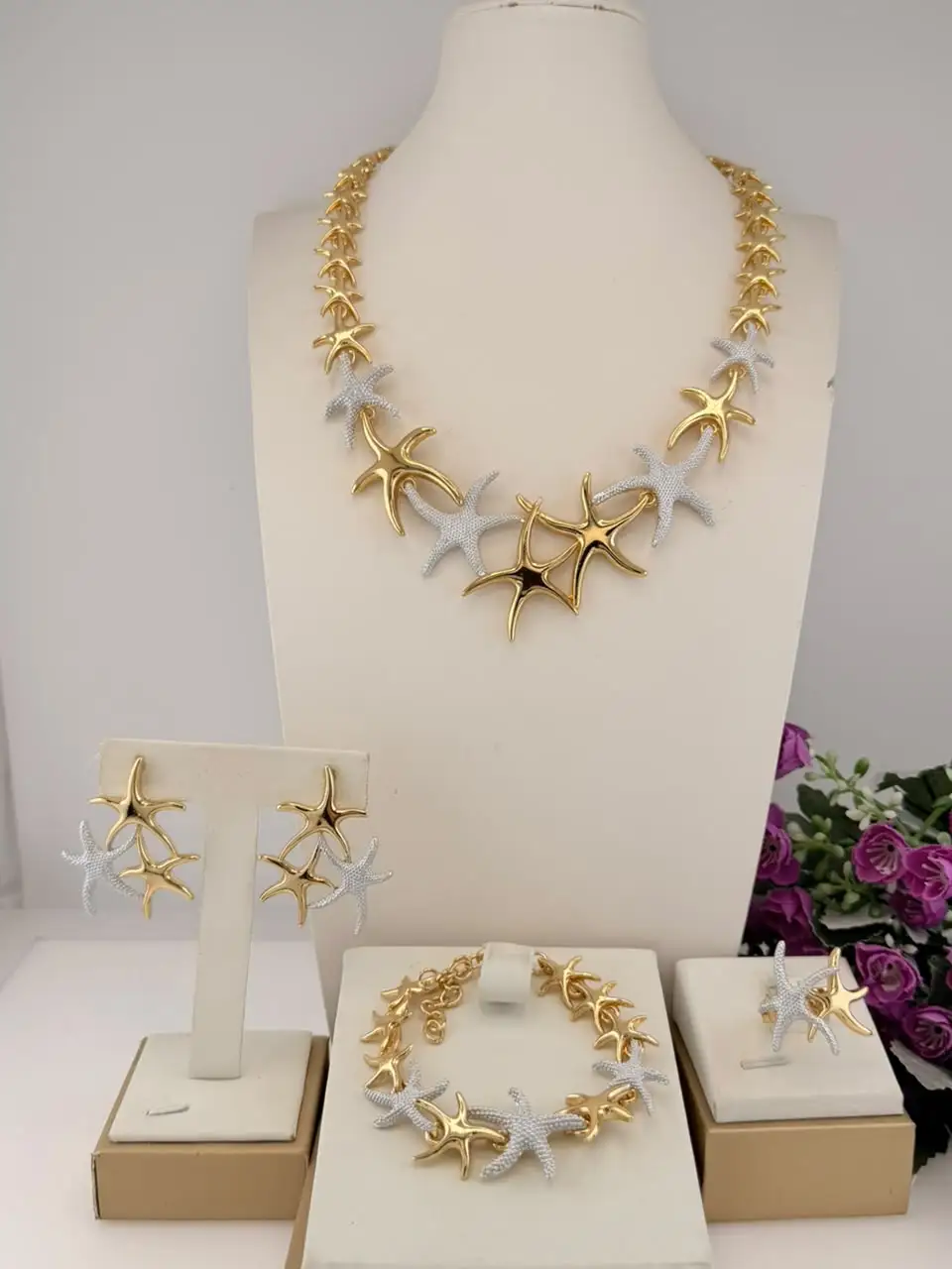 Trendy Three Tone Stars Shape Italian Jewelry Fashionable Fine Necklace Brazalete Aretes Anillo 4PC Jewels Set for Wedding Party
