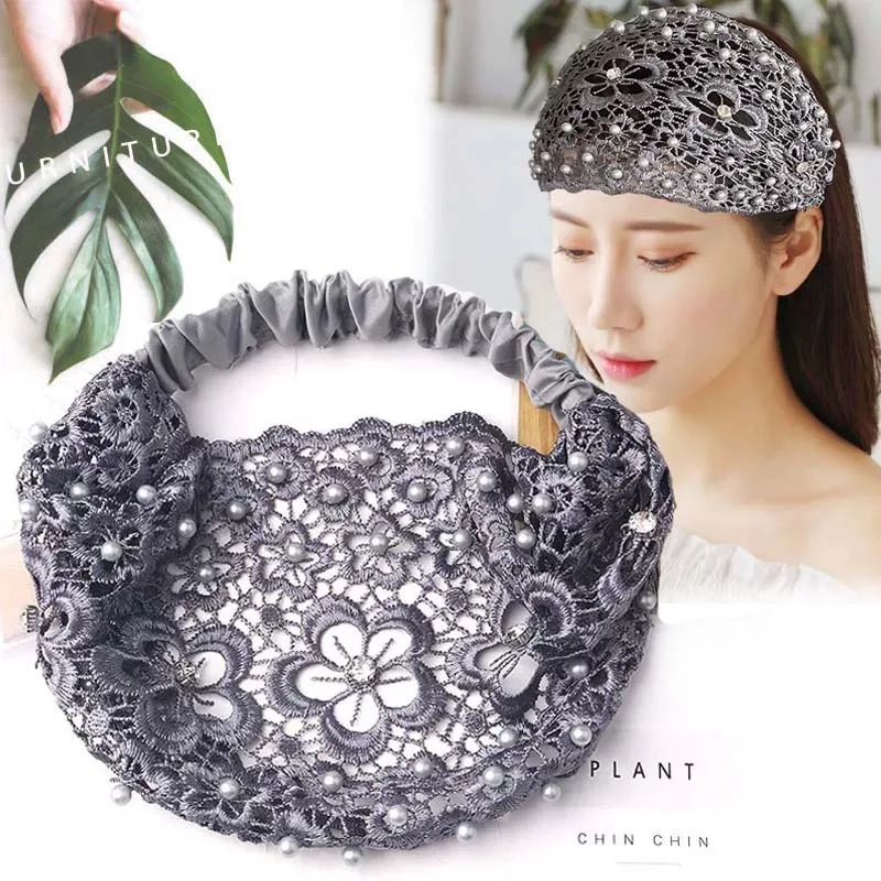 

Hollow Bead Headband for Women, Wide Lace Pearl Hair Band, Elastic Hair Cover, Face Wash Headscarf