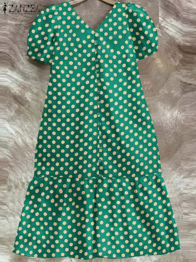 Zanzea feriado babados vestido de festa vintage bolinhas verão vestido de verão feminino com decote em v midi vestido senhora manga curta puff botão robe