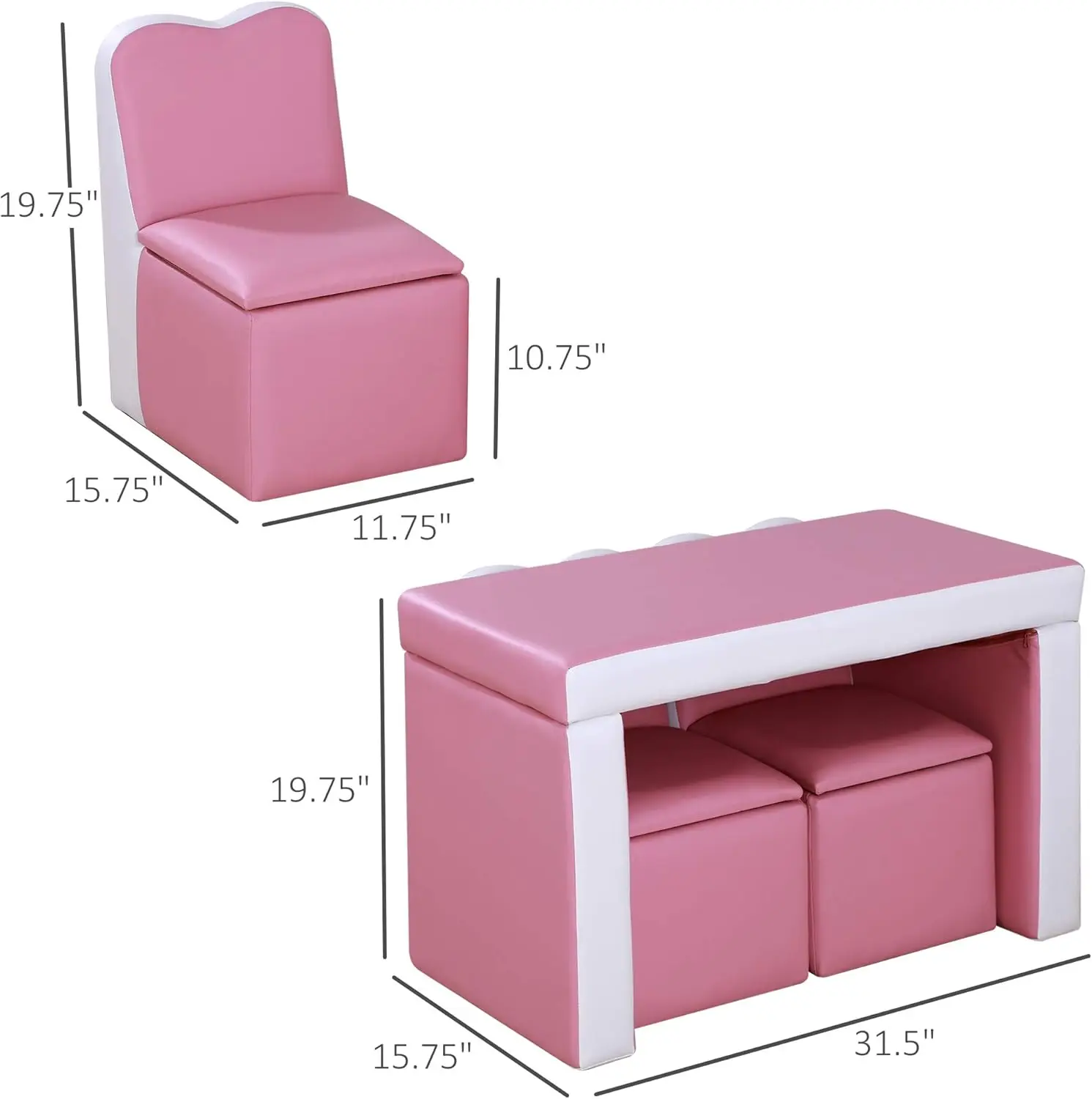 Juego de sofás para niños 2 en 1, mesa multifuncional para niños pequeños, juego de sillas, caja de almacenamiento para sofá de 2 asientos, suave y resistente, color rosa