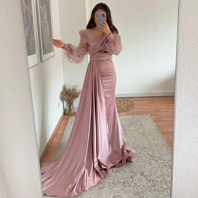 

Pink Prom Dresses Glitter V-neck Evening Dress Puff Sleeve High Split Saudi Arabia Dubai Cocktail Party Gown Plus Size