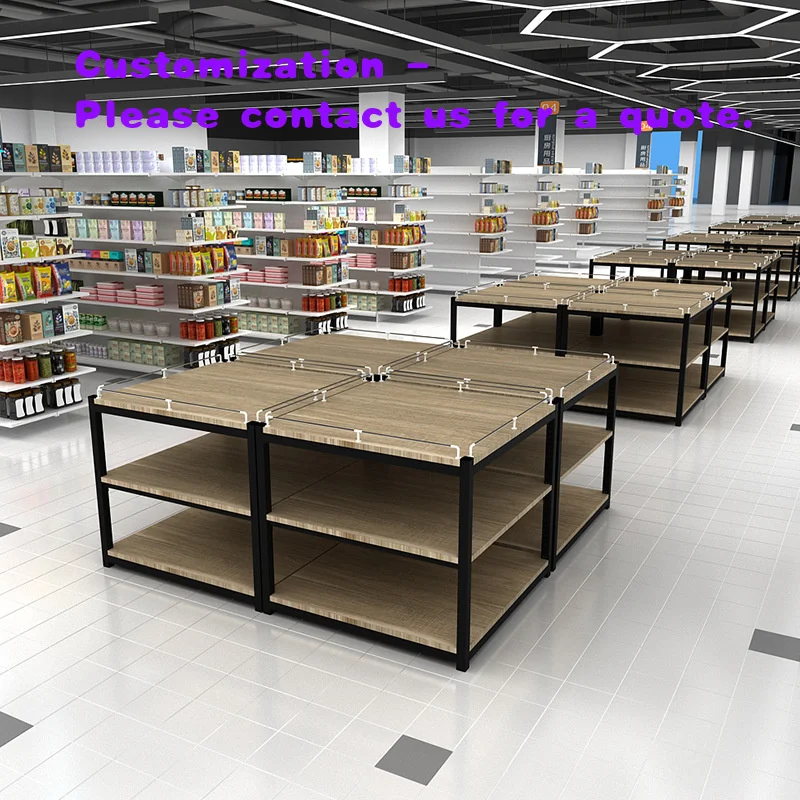 custom.HongMing Display Supermarket Rack Double-sided Wood Metal Promotion Desk Quick Installation Customizable Shelves