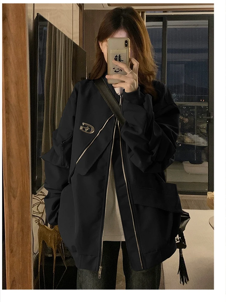 

Retro American Baseball Jaet for Men And Women Spring Autumn Irregular Couple Flight Suit Jaet Workwear Zipper Closure Lo...