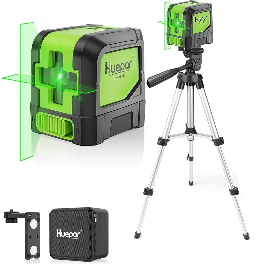 Huepar 2 Lines Green Beam Laser Level 9011G with 65cm Tripod Self-Leveling Horizontal & Vertical Cross Line Laser for Home DIY