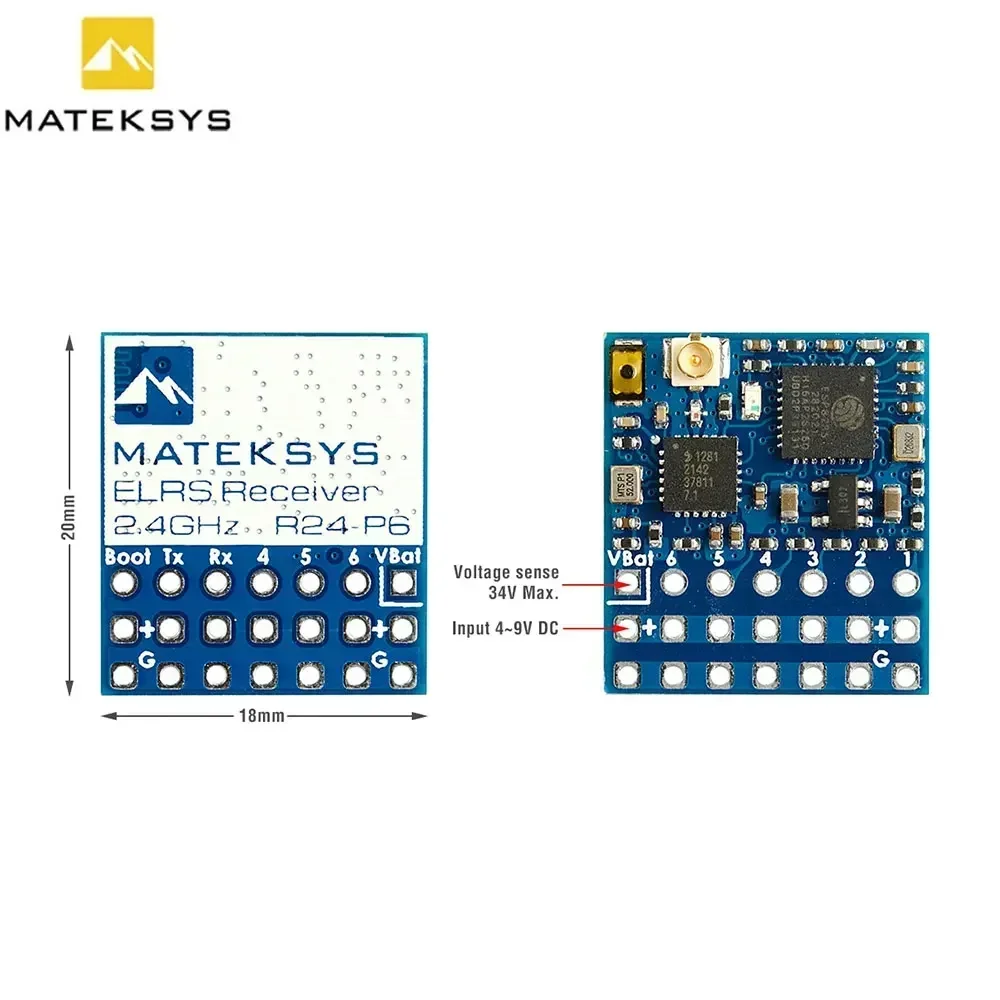 MATEKSYS ELRS-R24-P6 EXPRESSLRS 2.4GHz PWM 수신기 |   안테나 커넥터 |   RC FPV 드론용 2-8S VBat 전압 감지