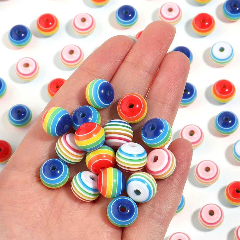 50pcs/lot Resin Round Beads 6/8/10/12mm Rainbow Color Stripe Pattern Loose Spacer Beads For DIY Jewelry Making Bracelet Necklace