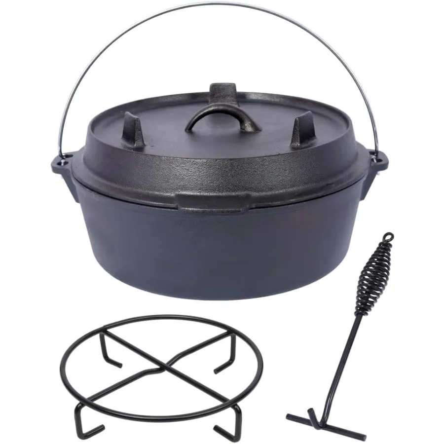 

PreSeasoned Cast Iron Dutch Oven with Skillet Lid Pot Rack for Campfire BBQ Grill Baking Outdoor Cooking Pot Ideal for Backyard