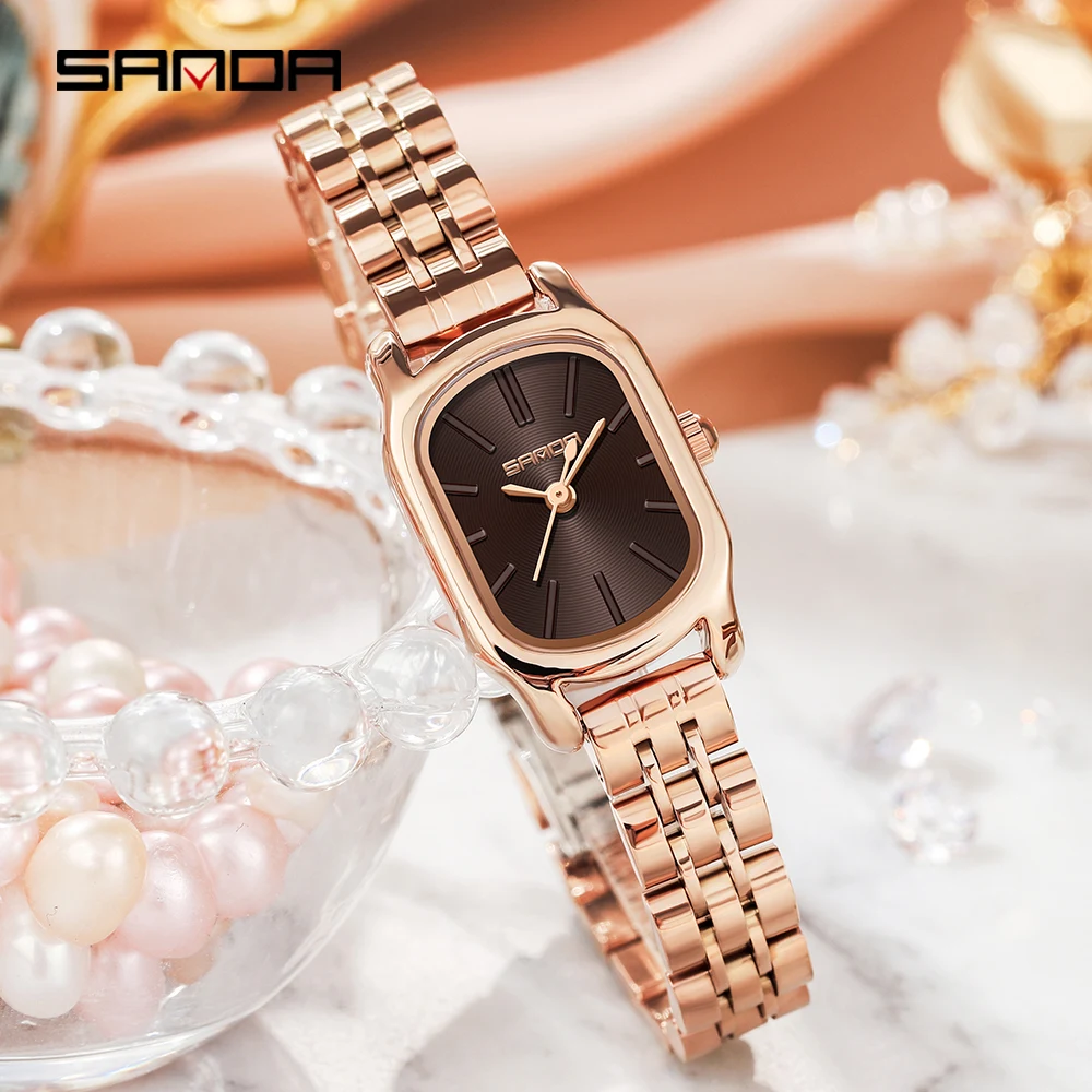 SANDA 1104 Case Womens Watches Maroon Leather Strap Waterproof Genuine Watch New Womens Quartz Watch Casual Fashion Rose Gold