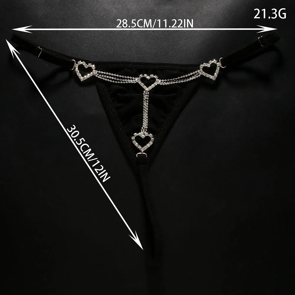 Zlidin  Sexy Hollow Rhinestone Heart Thong Panties for Women Metal Bead Chain Elasticity Thong Body Jewelry Bikini Gift