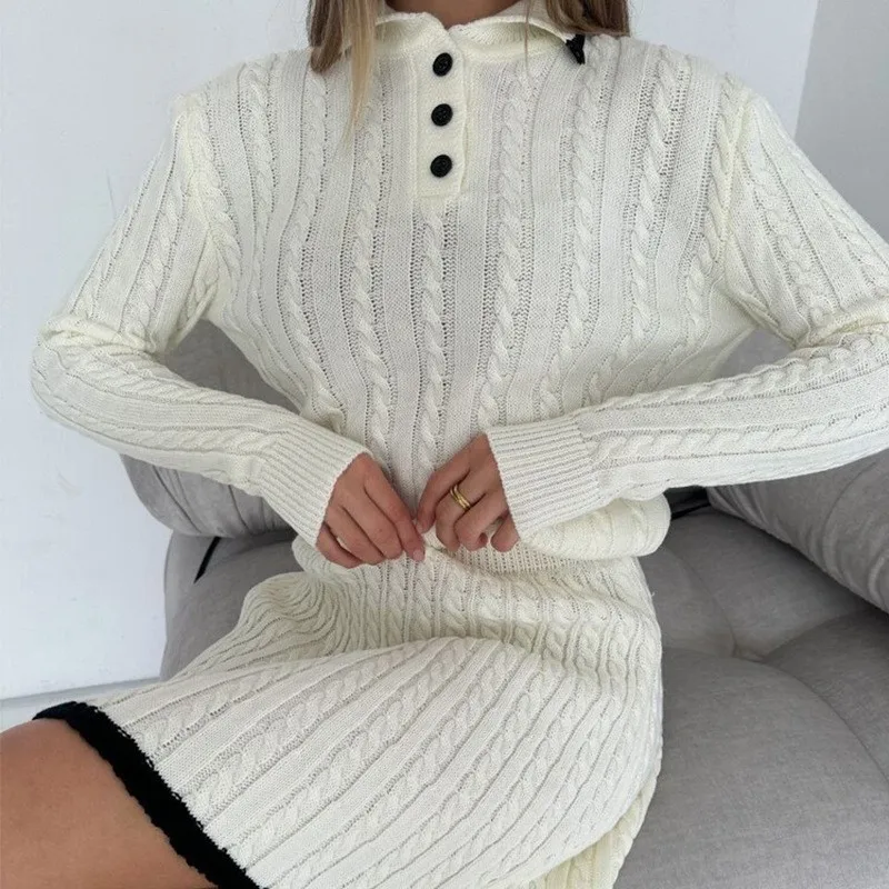 Women\'s Solid Knitted Pullover Skirt Sets Turndown Collar Sweater Long Sleeve Slim Sweaters with Short Skirts Elegant Women Sets