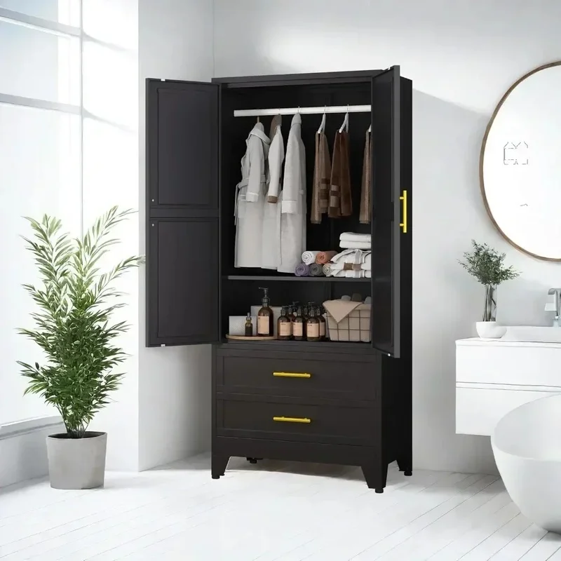 

71" Metal Clothing Storage Cabinet with 2 Doors, Adjustable Shelf, and 2 Drawers, Ideal for Wardrobe Organization