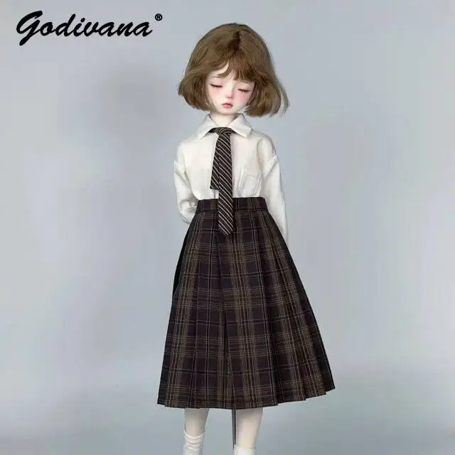 1/3 1/4 1/6 BJD Doll JK School Uniform Set White Shirt and Striped Tie Plaid Pleated Midi Skirt Preppy Style Doll Outfit