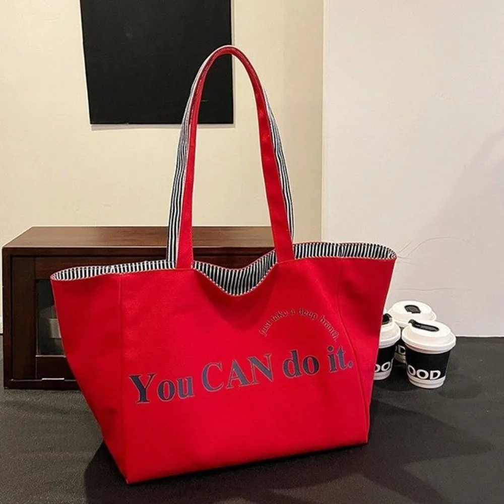 

Large Stripe Women's Shoulder Bag Two-sided Design Canvas Material High Capacity Handbag Korean Style Versatile Style