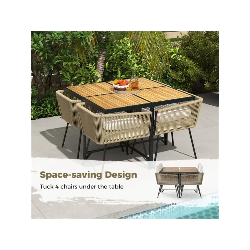 43,5 inch vierkante buitentafel van acaciahout - metalen X-frame, stoelen 4, natuurlijke afwerking, zwarte accenten, capaciteit van 180 lbs