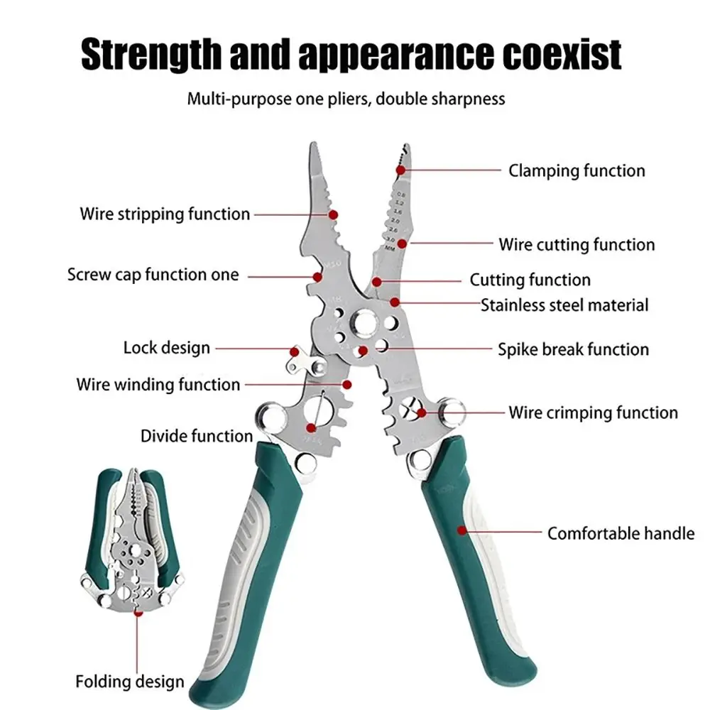 1Pcs Flat Wire Wire Stripper Foldable Adjustable Wire Stripping Pliers Wiring Pulling Multifunctional Cable Cutting Nippers
