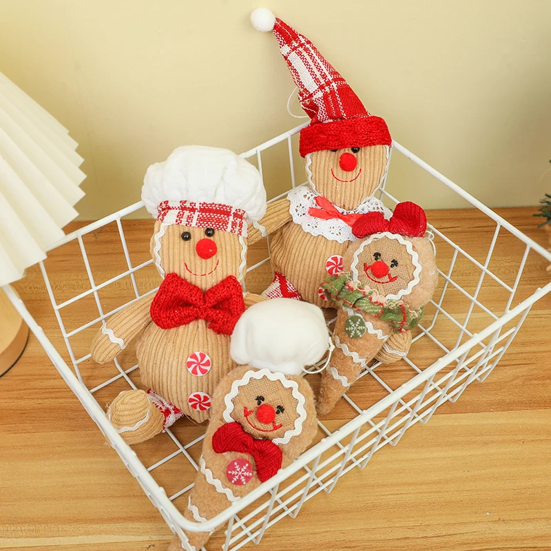 Christmas Gingerbread Man Doll Pendants Cloth Craft Ice Cream Shaped Red Bowknot Decor Home Ornaments Navidad New Year Supplies