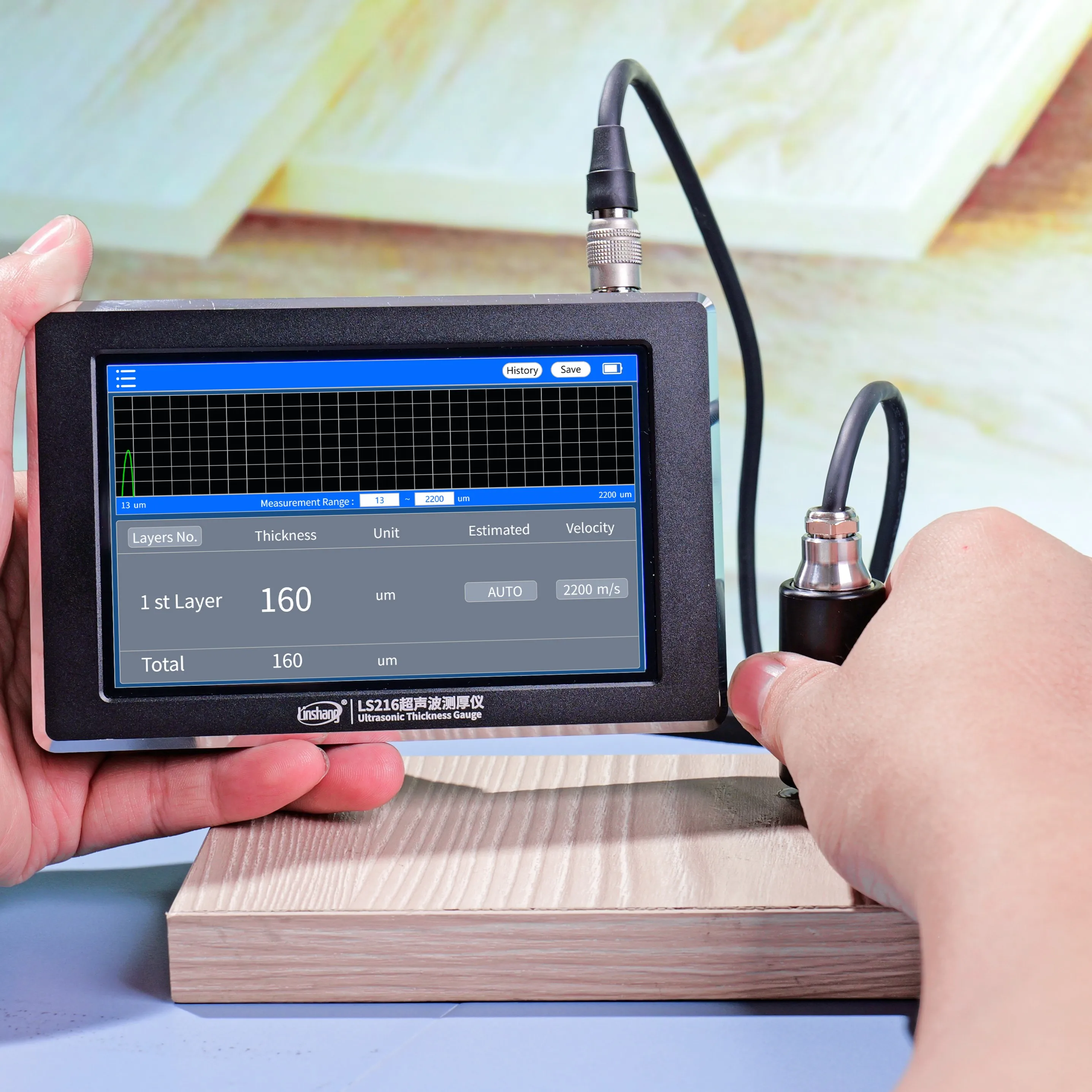 # S LS216 Multi Layer Ultrasonic Coating Thickness Gauge With 1μm Resolution Real Time Waveform Display For Metal Plastic Glass