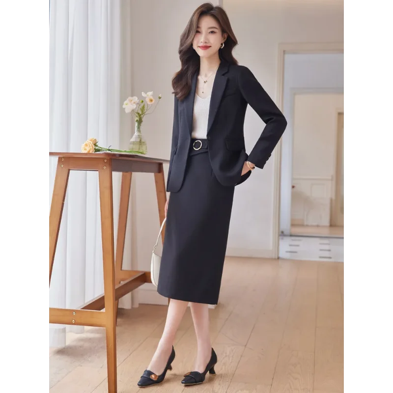 2024Elegant Women Skirt Suit Autumn Winter Black Apricot Pink One Button Business Office Lady Formal Blazer Jacket 2 Pieces Set