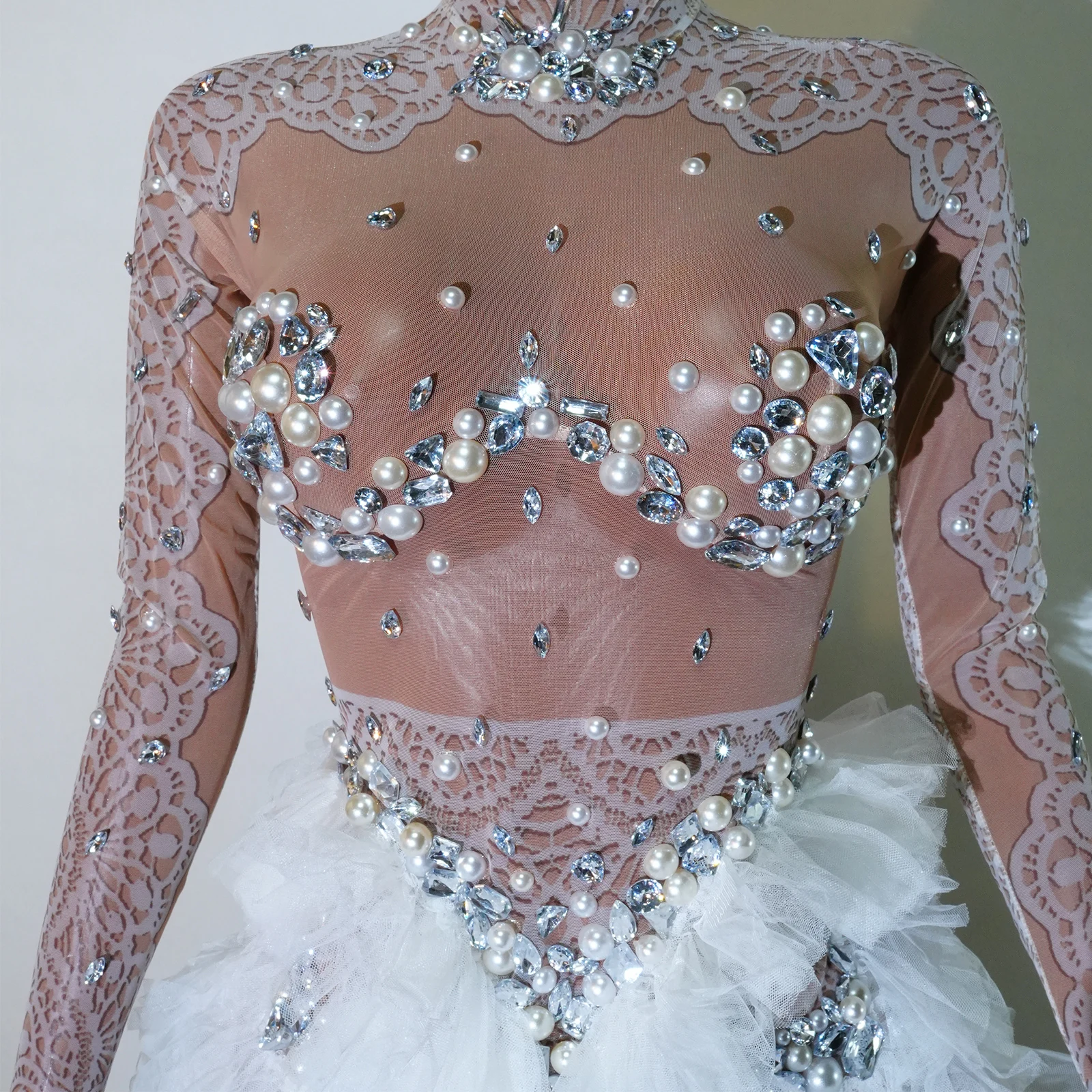 Funkelnder Strass-Body für Damen, elastisches Netz, Rüschen, Kristall-Trikot, Nachtclub, Tänzerin, Kostüm, Bühnenkleidung, Party, Bar, Lied-Outfit