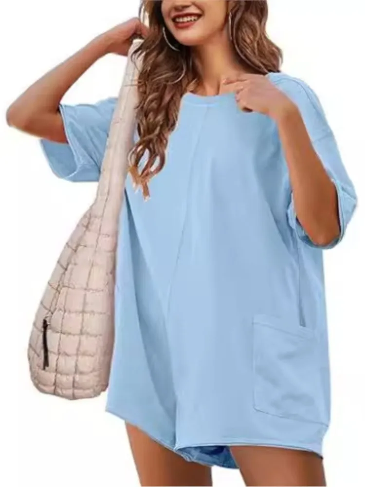 Casual losse effen jumpsuit dame mode O hals korte mouw shorts zakken jumpsuits voor vrouwen zomer streetwear kleding nieuw
