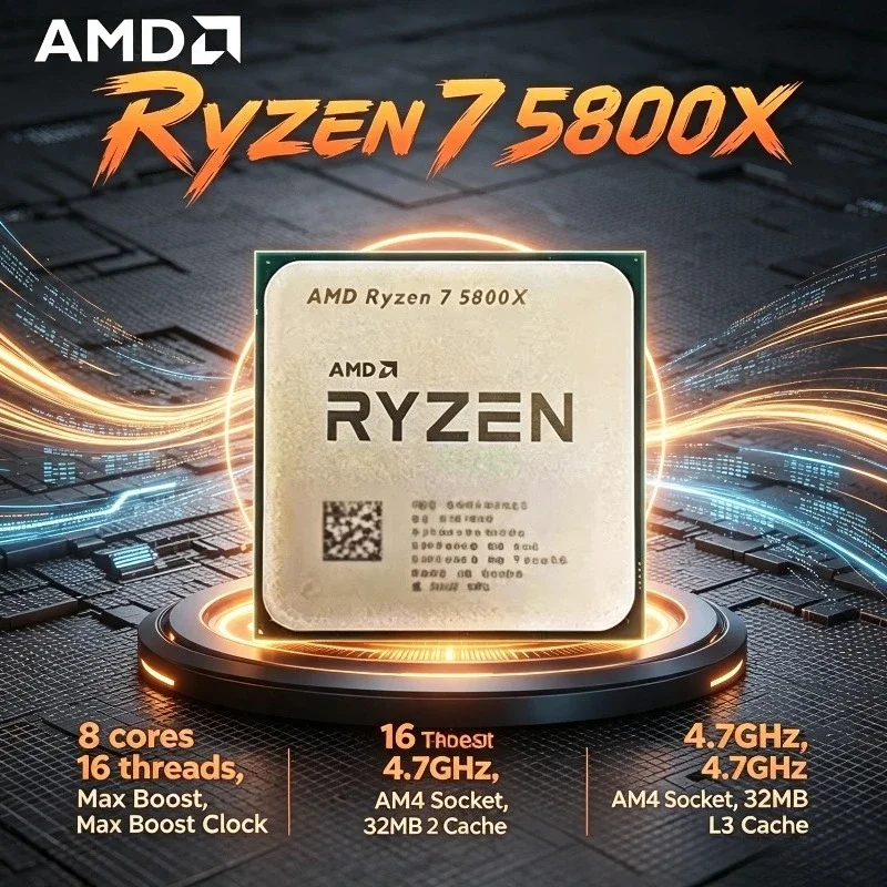 AMD Processor Ryzen 7 5800X R7 5800X Desktop 3.8 GHz 8-Cores 16-Threads AM4 Socket CPU Up to 4.7 GHz 3200 MT/s DDR4 7nm L3= 32 M