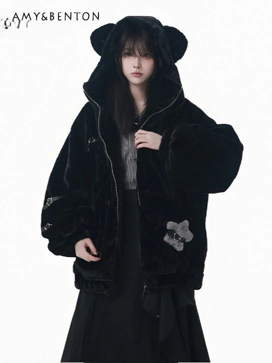 

Sweet Cute Cartoon Embroidery Thickened Eco-Friendly Fur Lined Winter New Loose Casual Warm Hooded Bear Ear Faux Fur Coat