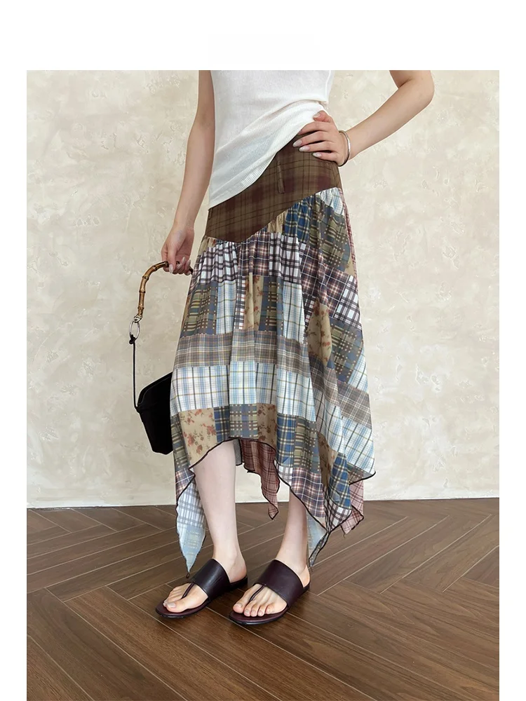 

Юбка миди в клетку с завышенной талией в корейском стиле, облегающая, с цветовыми блоками, летняя модная юбка для женщин
