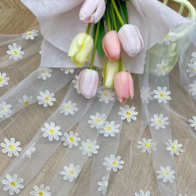 150cm Wide Daisy Embroidery Lace Fabric Sun Flower Embroidery DIY Skirt Veil Wedding Dress Curtain Background Tablecloth Fabric