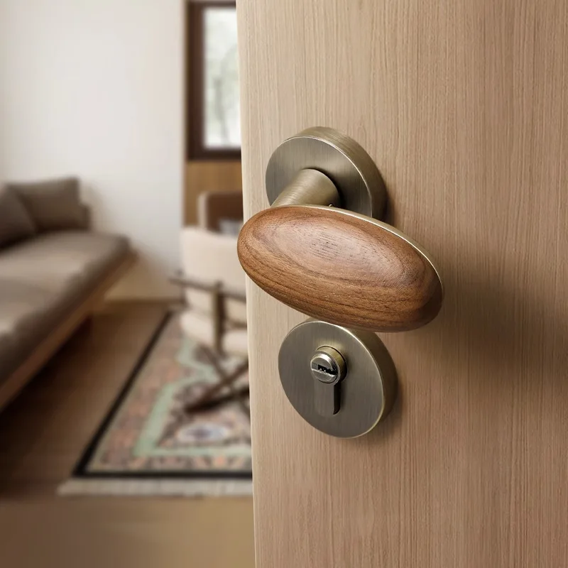 

Walnut Wood Antique Style Retro Door Lock Bedroom Handle Indoor Room Magnetic Suction Silent Wooden Door Lock