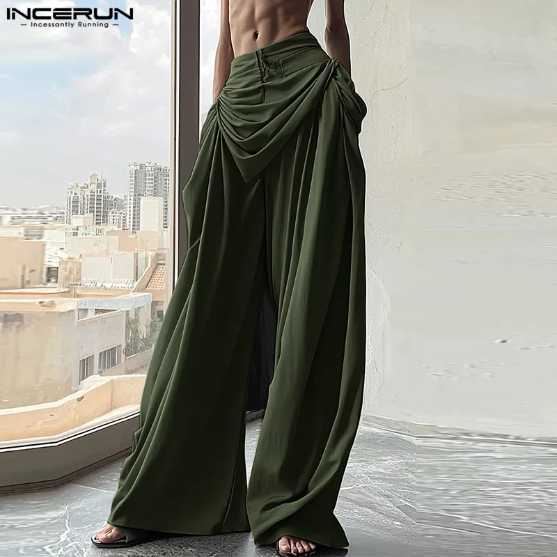 INCERUN 2024 American Style Pantalons Stylish New Men\'s Wide Leg Long Pant Casual Male Loose Pleated Solid Straight Leg Trousers