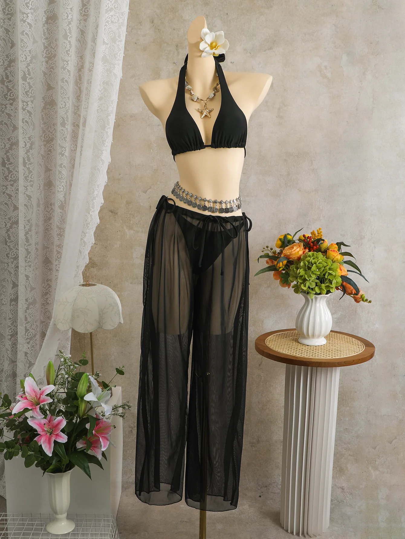 sexy plain halter tie bikinis sets 3pcs with mesh tie long pants white black 2 color thong swimsuit bathing suit biquini tankini