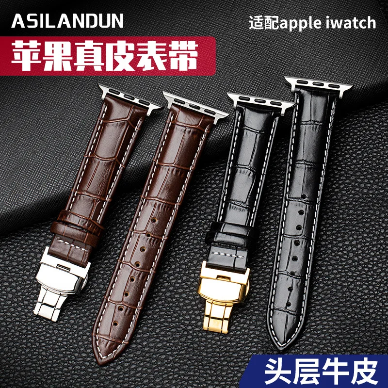 

Genuine Leather Bracelets For Apple Watch Ultra Band 9 8 7 49mm 41mm 45mm Metal Link Bracelet IWatch Butterfly Buckle 38mm 42mm