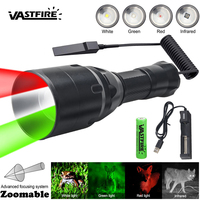 LED Hunting Flashlight Professional Zoomable Tactical 1-Mode Torch White/Red/Green/IR 850nm Interchangeable Lamp Holder Lantern
