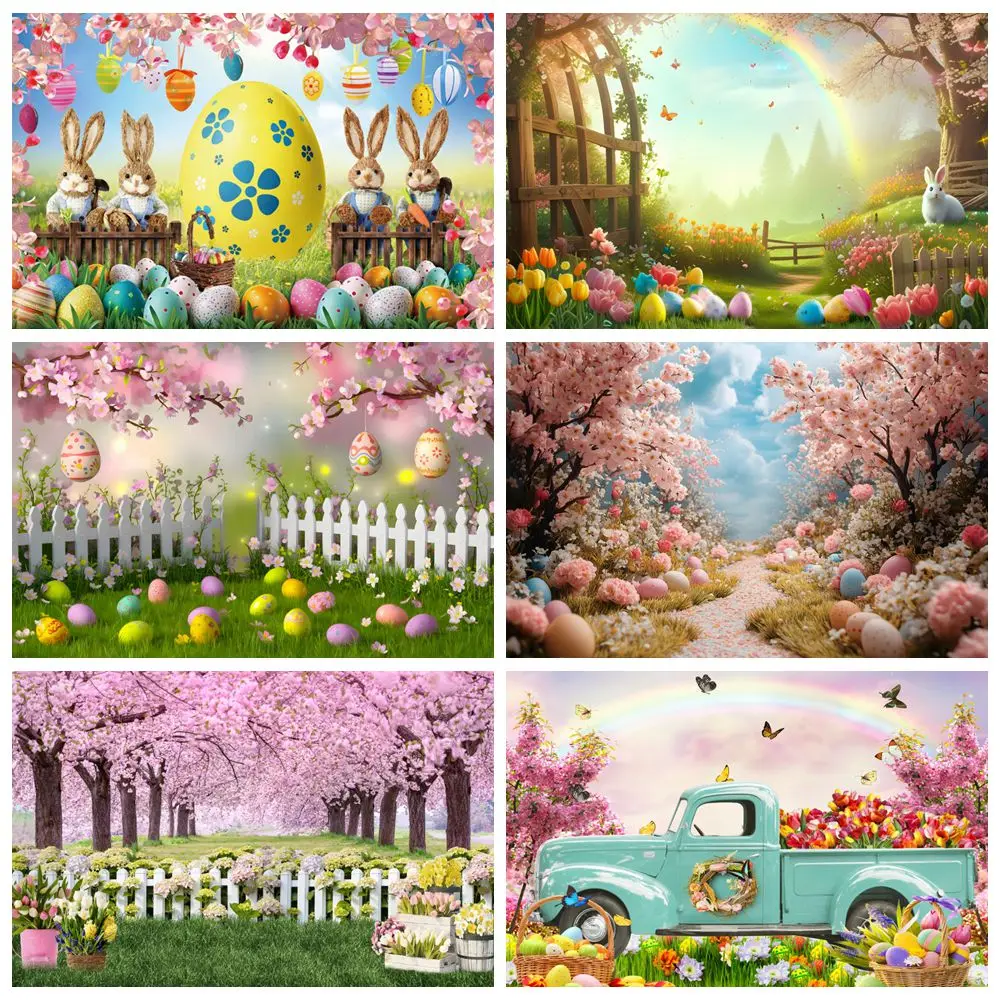 

Spring Easter Garden Backdrop Flower Tree Bunny Eggs Fence Grass Baby Kids Birthday Party Photography Background Decor Banner