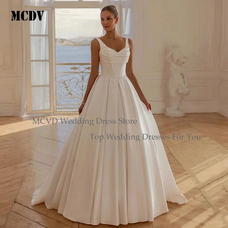 

MCDV Elegant Satin Wedding Dress with V Neck Sleeveless Design Pearls Embellished Pleated A Line Silhouette Sweep Train Corset B