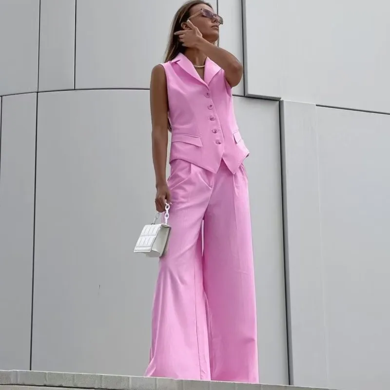 

2025 New Trousers Sets Solid Vest Pants Sets Women's Summer Lapel Collar Sleeveless Waistcoat+Wide Leg Office Ladies 2 Piece Set