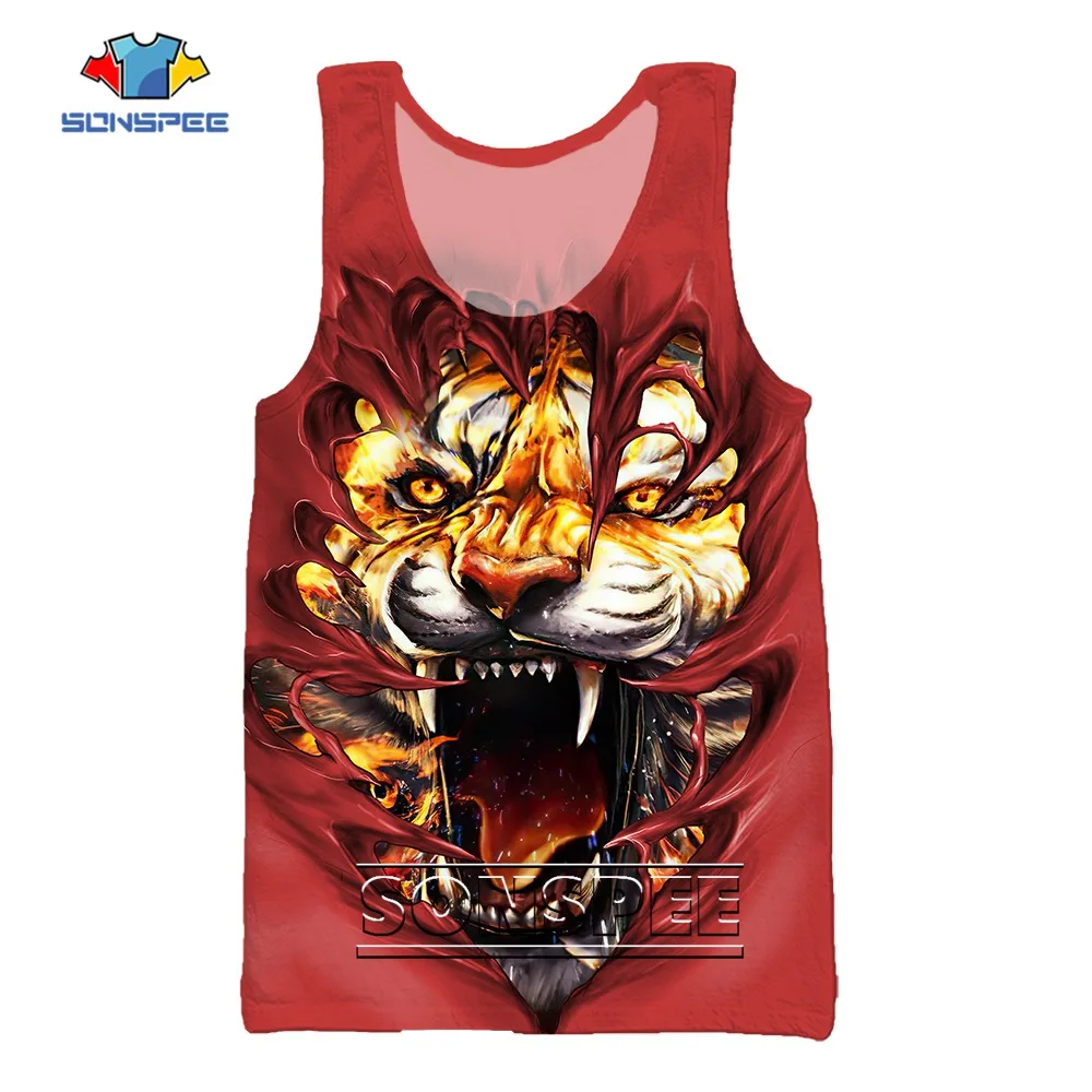 SONSPEE Red Tiger 3D Printing Sleeveless Casual Beach Vest Men Women's Oversize Ferocious Fashion Trend Streetwear Tank Tops