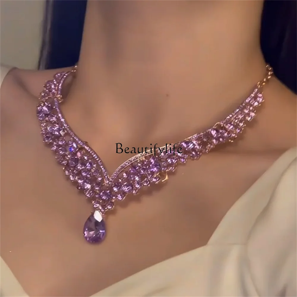 

Purple water drop zircon earrings set women's light luxury high-end evening dress accessories collarbone