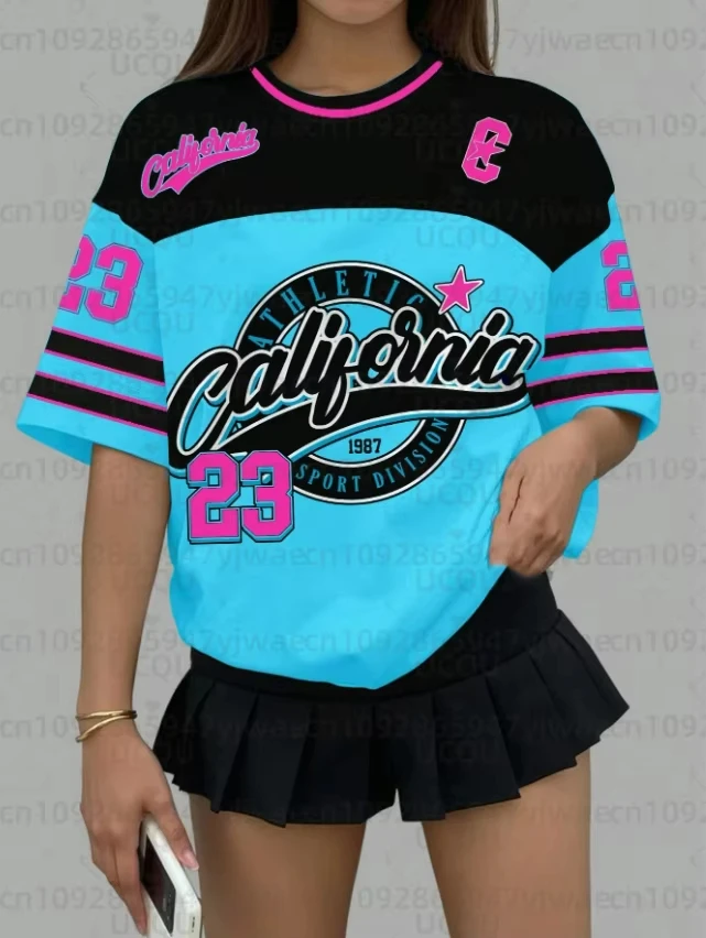 Camiseta deportiva de manga corta con cuello en V y estampado California 23 para mujer, camiseta gráfica de verano, camisetas de béisbol, talla grande